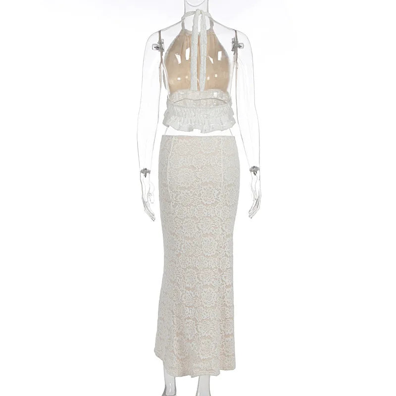 Mannequin wearing a beige halter top and skirt set 