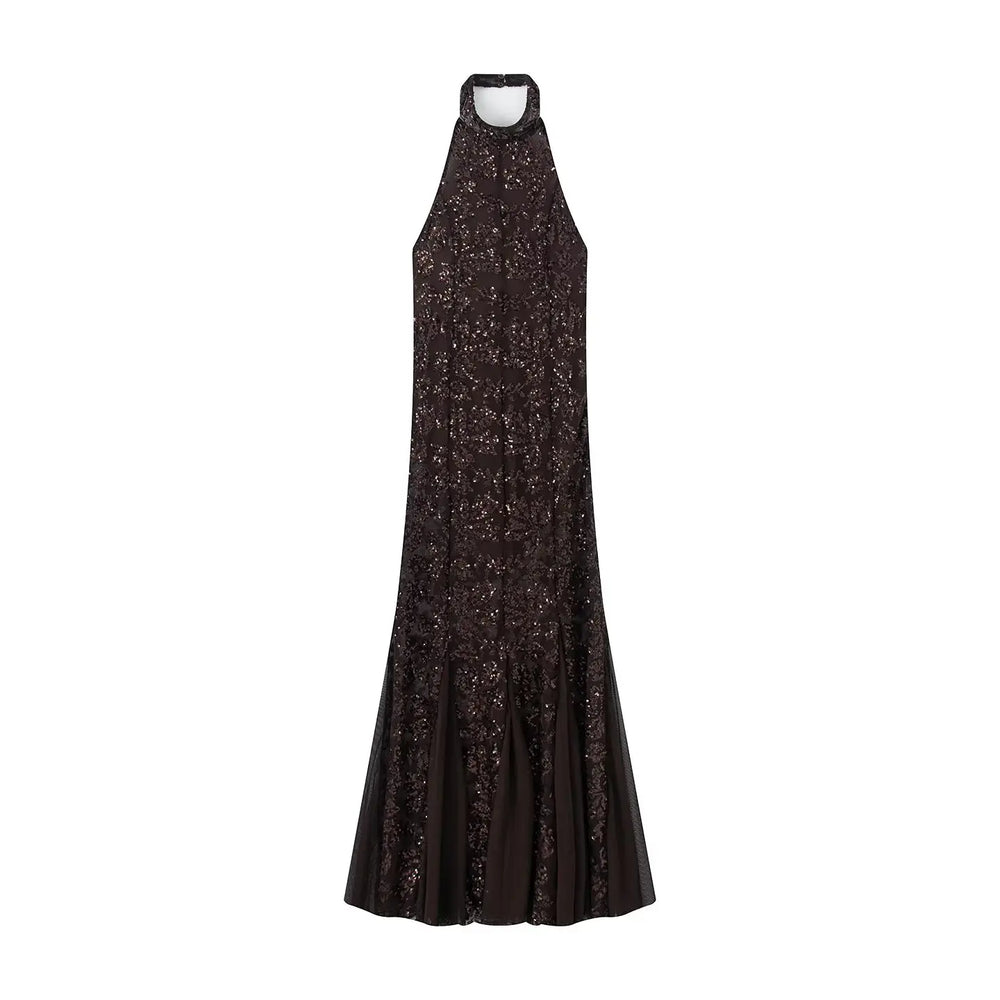 Black sequin halter neck gown on a white background