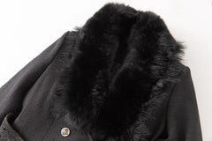 Close-up of faux fur collar on black coat