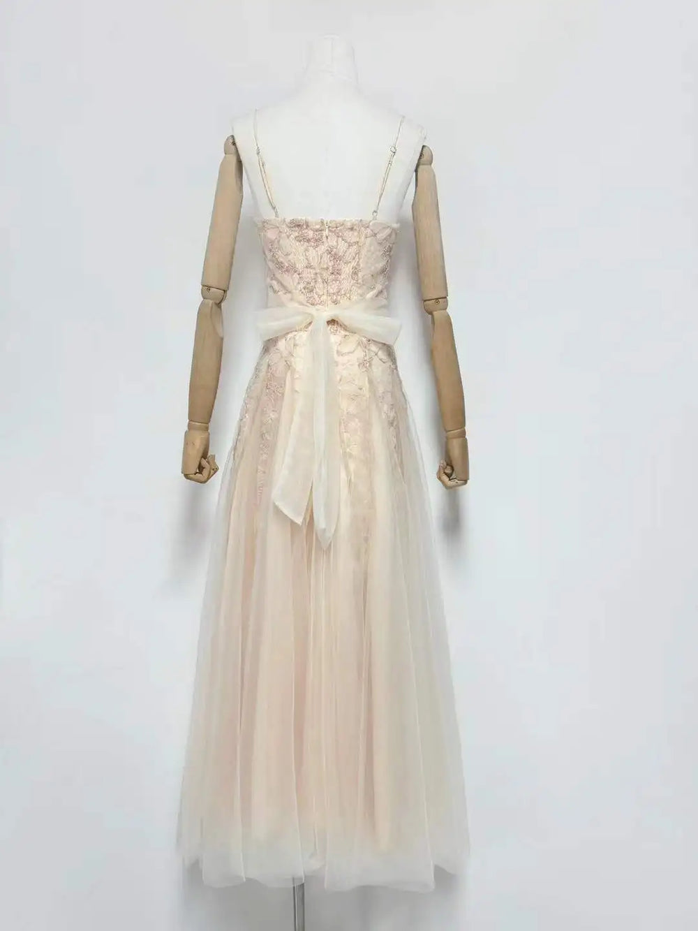 Floral embroidered tulle square neck dress back on mannequin