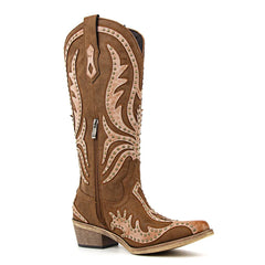 Brown cowboy boot with intricate white embroidery on a white background