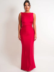 One Shoulder Low Back Draped Buckle Maxi Dress