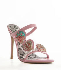 Pink seashell embellished stiletto heel sandal with leopard print lining