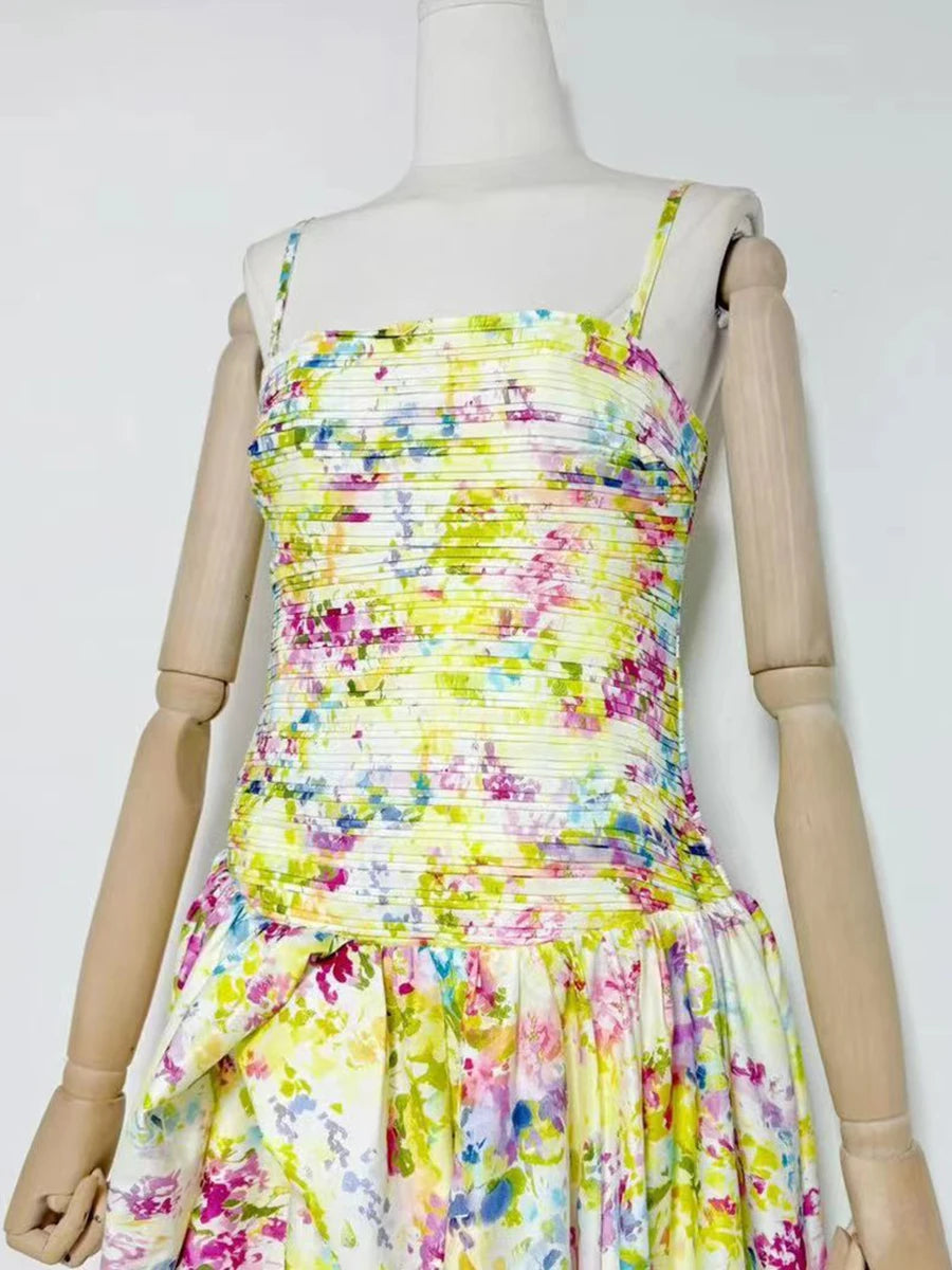 Mannequin wearing a colorful floral dress