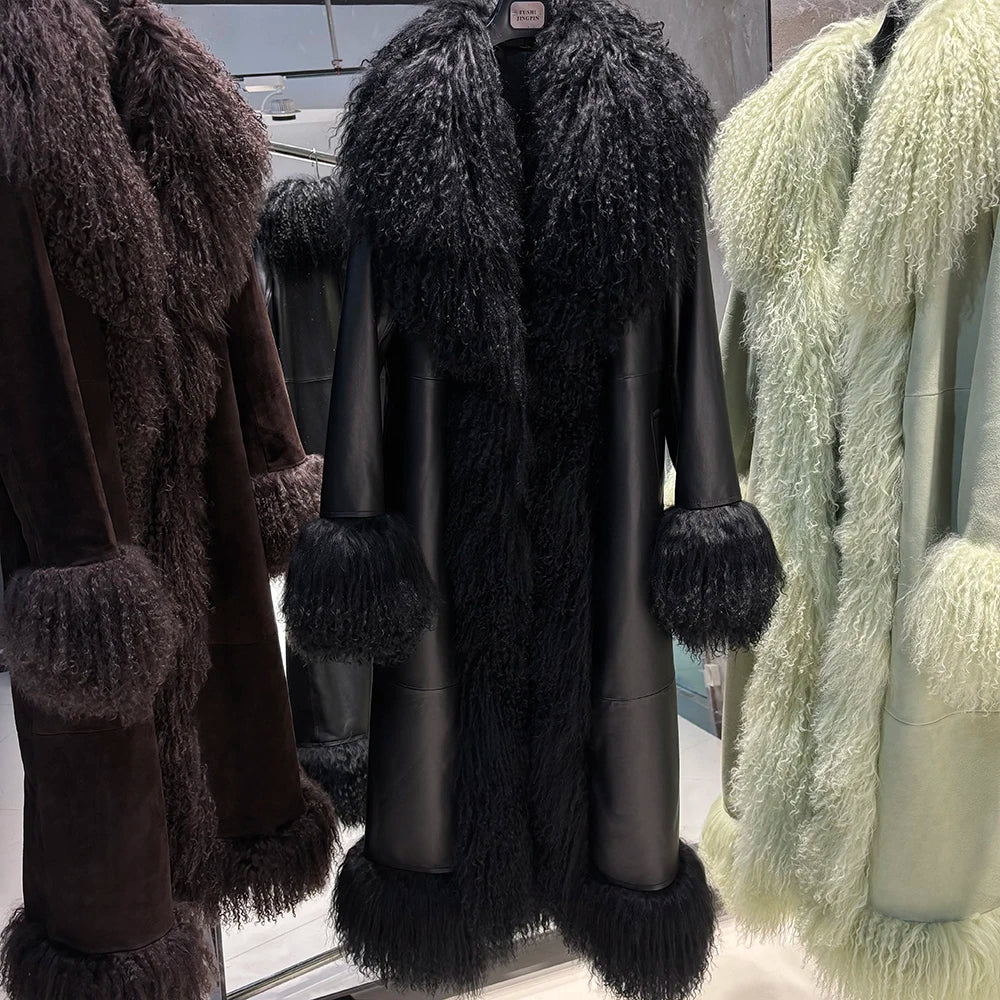 Three fur-coated mannequins in different colors against a neutral background