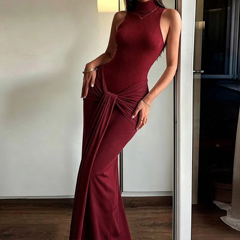 Ribbed Turtleneck Knotted Maxi Dress