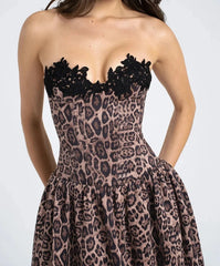 Wild Leopard Print Lace Patchwork Midi Dress