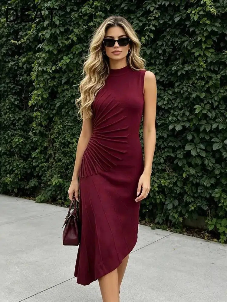 Mock Neck Ruched Midi Dress