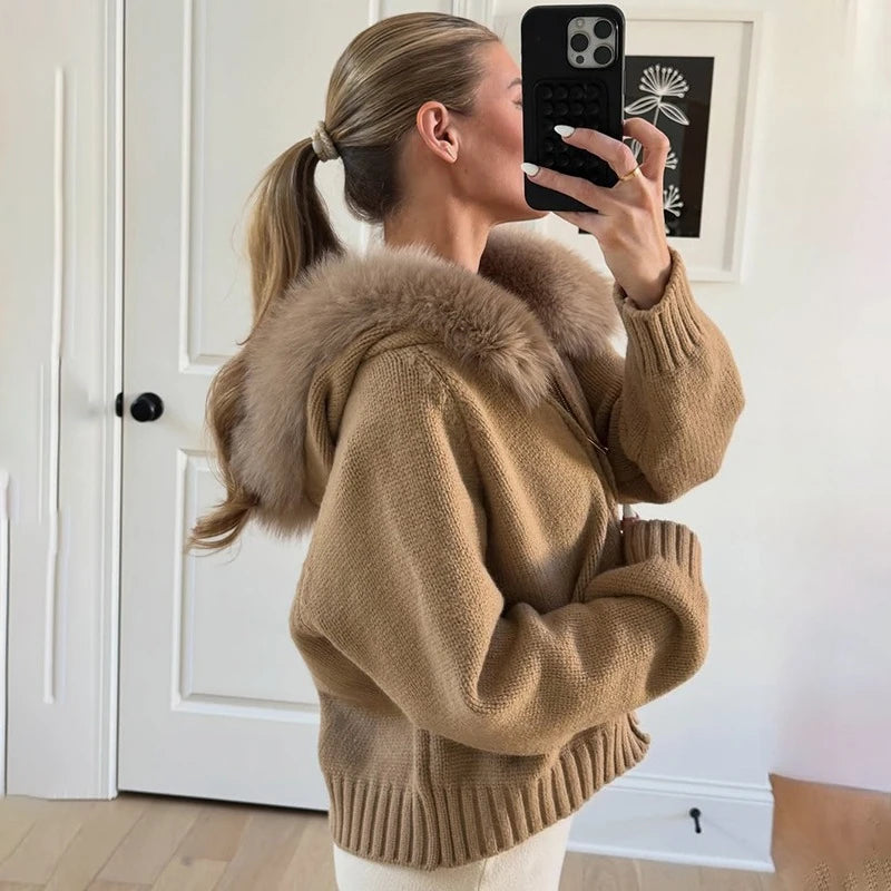 Hooded faux fur trim knit jacket, side profile