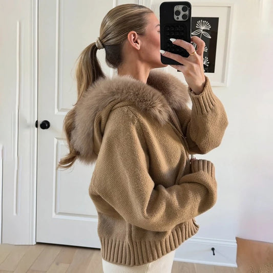 Hooded faux fur trim knit jacket, side profile
