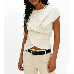 Off-white cross wrapped split front top styled with a belt