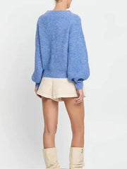 Round Neck Lantern Sleeved Blue Pullover Sweater