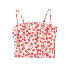 Fruit Cherry Print Slash Collar Ruched Elastic Back Tank Top