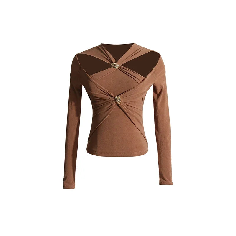 Brown long-sleeve top with a unique design 