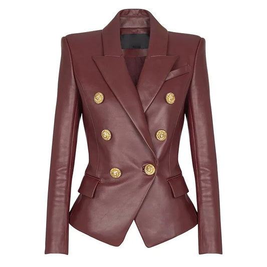 Double breasted leather blazer with lion buttons