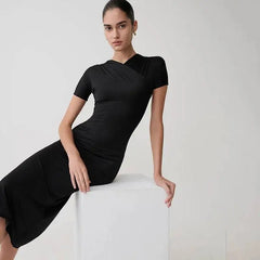 Ruched Cross Neck Short Sleeve Maxi Dress