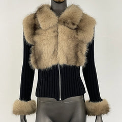 black knit cropped jacket with faux fur cuffs