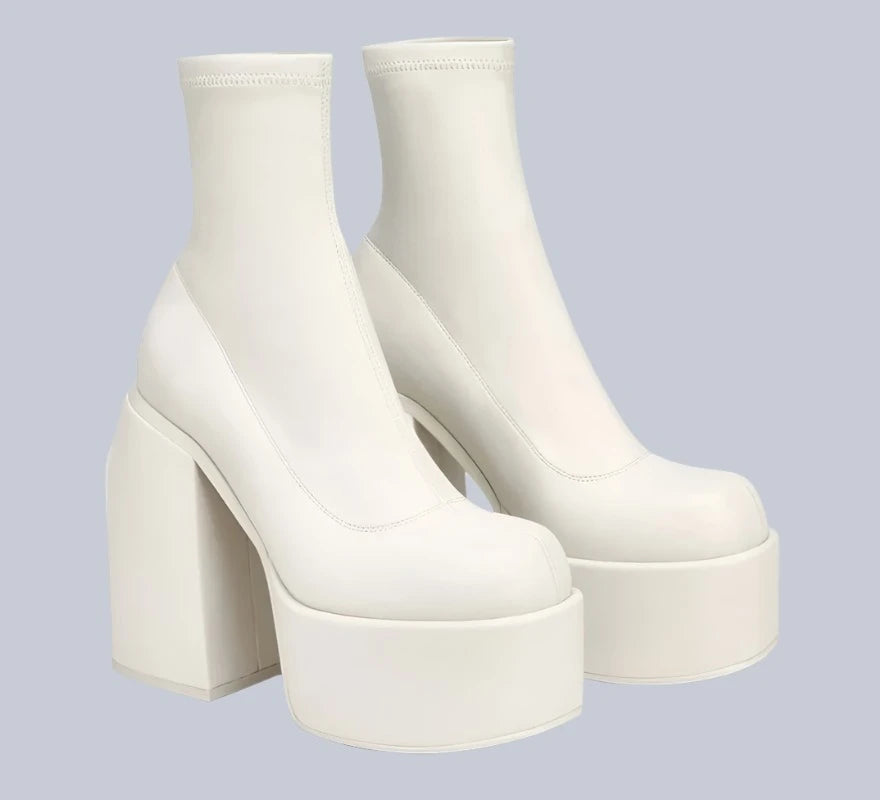 Round Toe Platform Chunky Heels Boots Women's Shoes