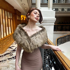 Model wearing a Fluffy Faux Fur Shawl Long Dress 