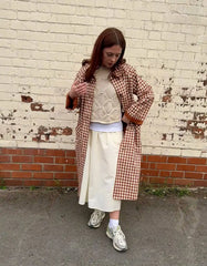 Red Gingham Lapel Long Trench Coat