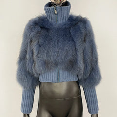 blue zip front knit fur hybrid outerwear