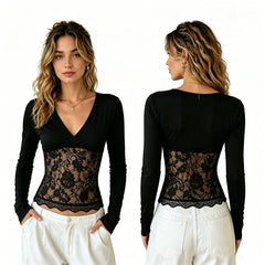 Lace Patchwork V-Neck Fitted Top