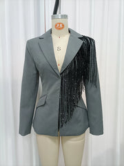 Grey Sequin Embellished Fringed Lapel Blazer