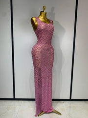 Sleeveless V-Neck Crystal Embellished Bodycon Floor-Length Dress