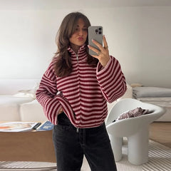 Striped High Neck Zip Sweater
