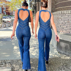 Backless Denim Jumpsuit Zipper Bodysuit Heart Open Back Flare Pant