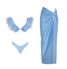 Blue ruffled V-neck bikini top and draped wrap skirt set.