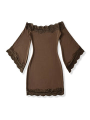 Off-Shoulder Bell Sleeve Lace Trim Mini Dress