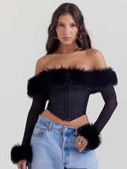 Feather Strapless Black Off-shoulder Sheer Long Sleeve Top