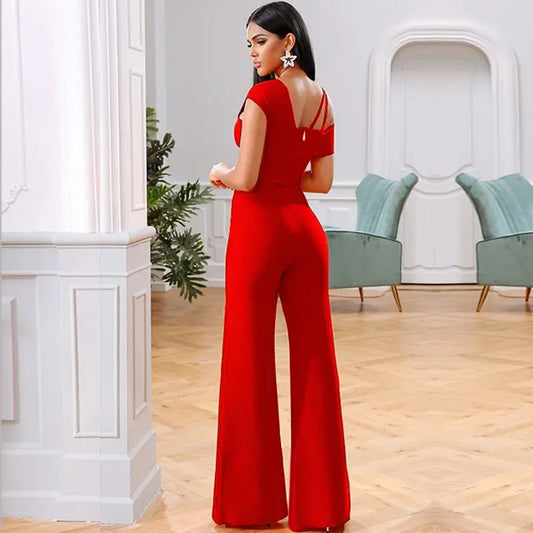One-Shoulder Solid Bandage Jumpsuit