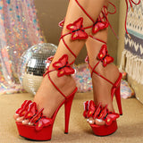  Cross Strap Handmade Embroidery Butterfly High Heels Shoes