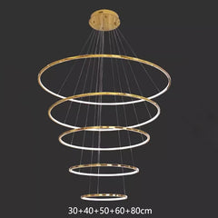 Chandelier with multiple circular rings on a dark background