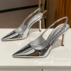  Slingback Metallic Crystal Pointy Toe Stiletto Heeled Shoes