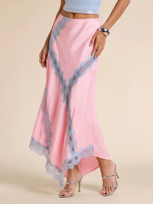 Pink lace patchwork maxi skirt