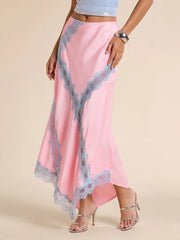 Pink lace patchwork maxi skirt