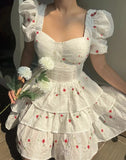 Print Puff Sleeve Square Collar High Waist Women Mini Dress
