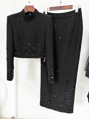 Embellished Stand Collar Cropped Jacket and Maxi Skirt Set
