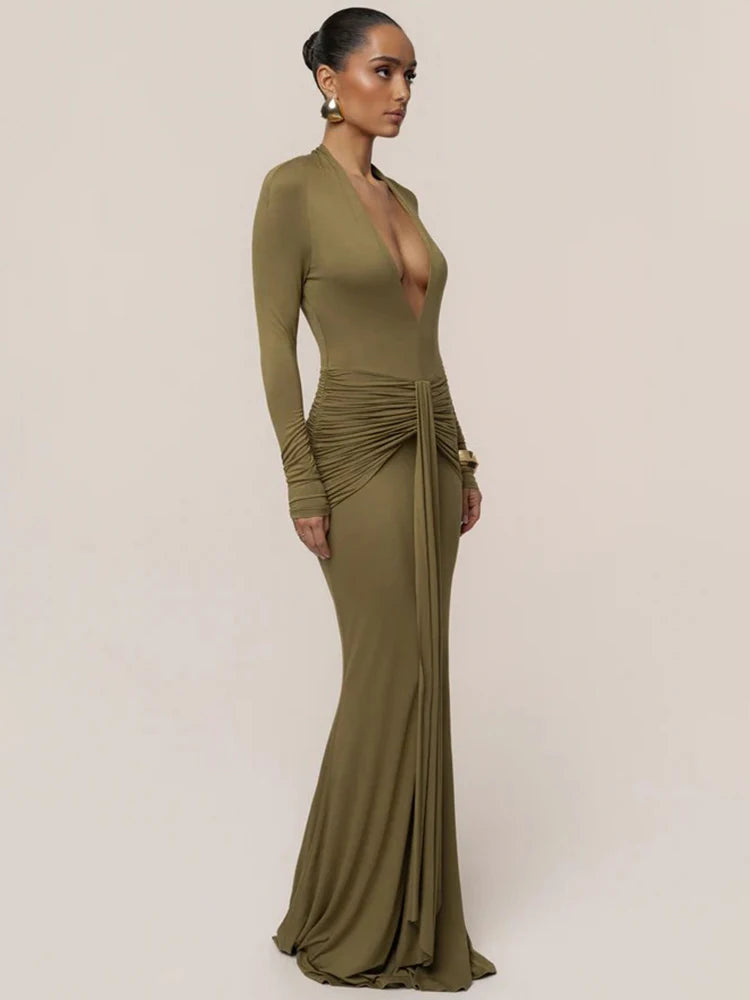 Maxi dress with deep V-neck and ruched detailing