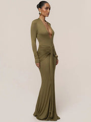 Maxi dress with deep V-neck and ruched detailing