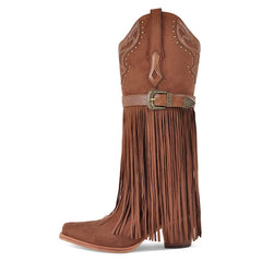 Denim Fringe Chunky Heel Boots