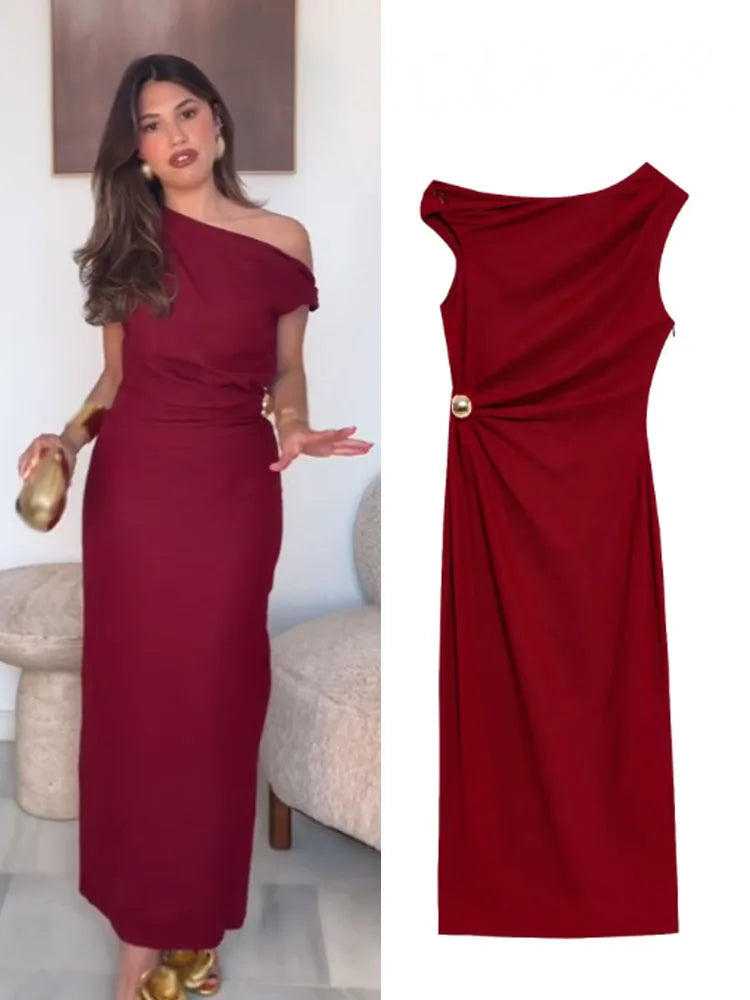 Woman wearing a burgundy off-shoulder dress with a close-up of the dress on a white background.