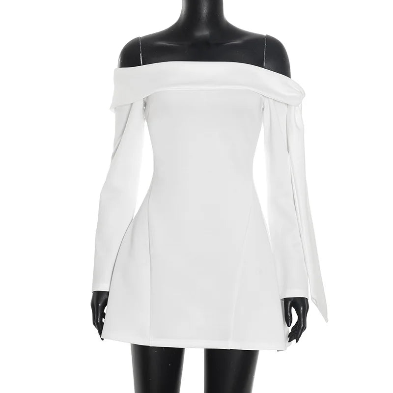 White off-shoulder dress on a mannequin against a white background