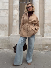 Drawstring Waist Standing Collar Trench Coat