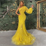 Golden One Shoulder Long Sleeve Mermaid Sparkling Prom Gowns