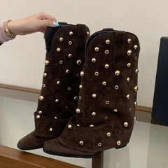 Studded suede fold over cowboy boots with gold rivets.
