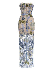 Strapless Sequin Embroidery Floral Sheath Maxi Dress